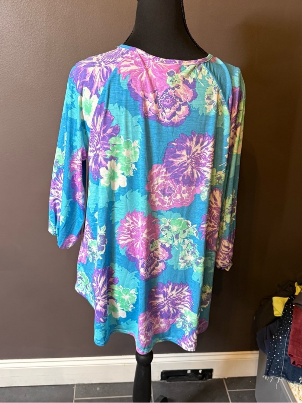 Honeyme Teal Floral Tie-Front Tunic with Purple Accents - Picture 4 of 4